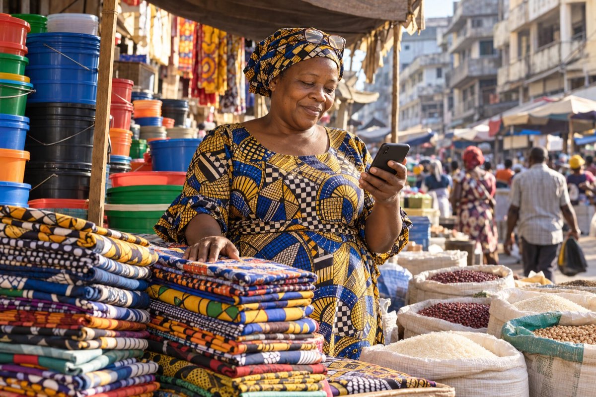 A market vendor at her stall in Kariakoo, Dar es Salaam, looking at her phone