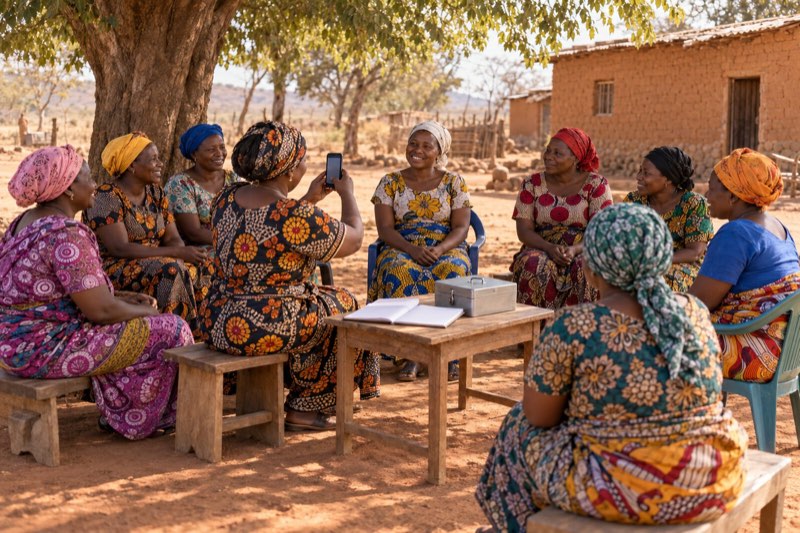 A women's savings group meeting under a tree; one member photographs another with a phone